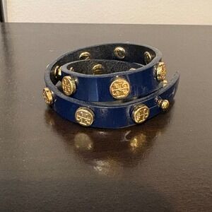 Tory Burch Navy Blue Patent Leather Double Wrap Bracelet Gold Logo Studs